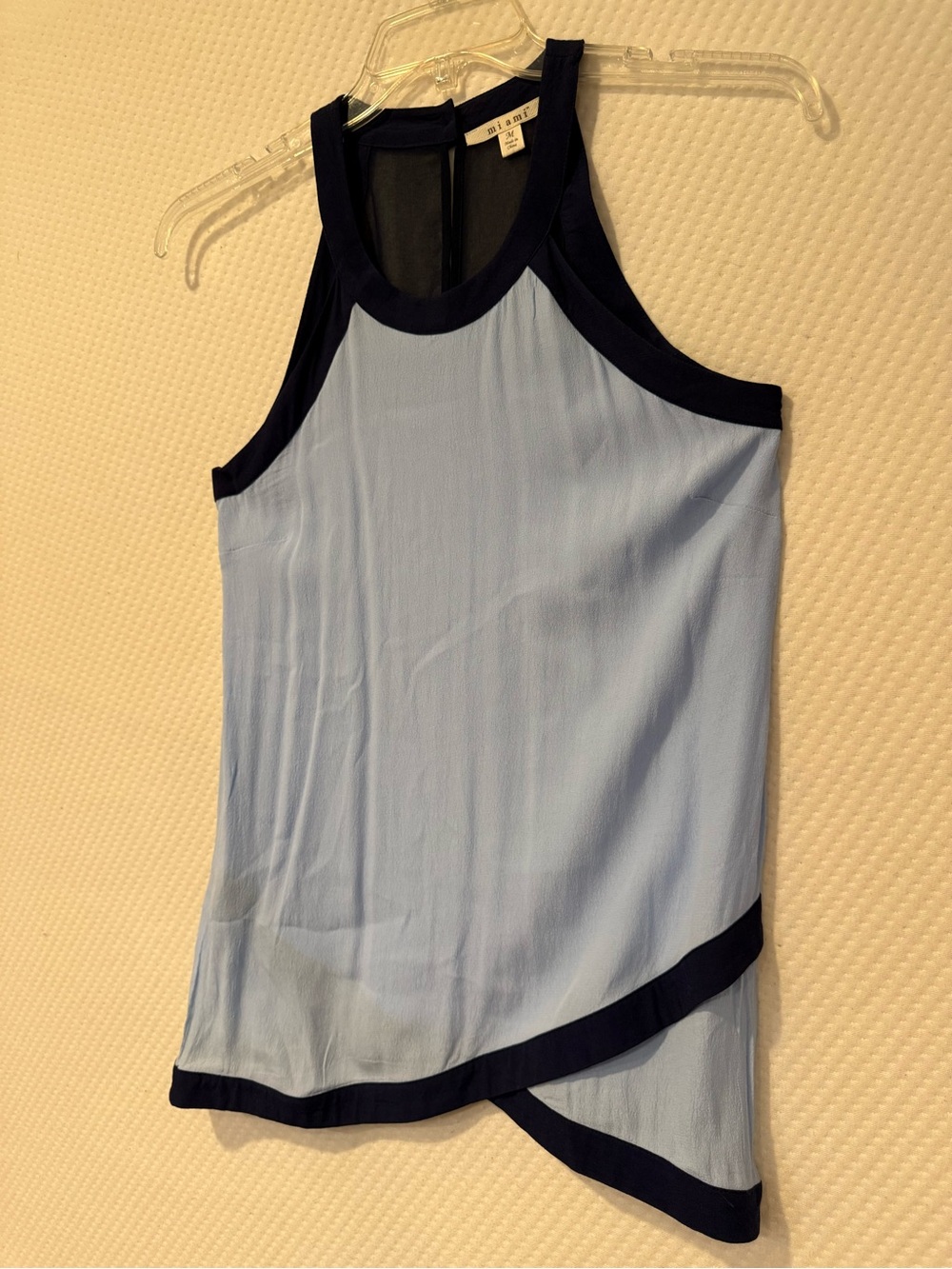 Light Blue chiffon Sleeveless Asymmetrical Tank with Navy Trim M Francesca’s top